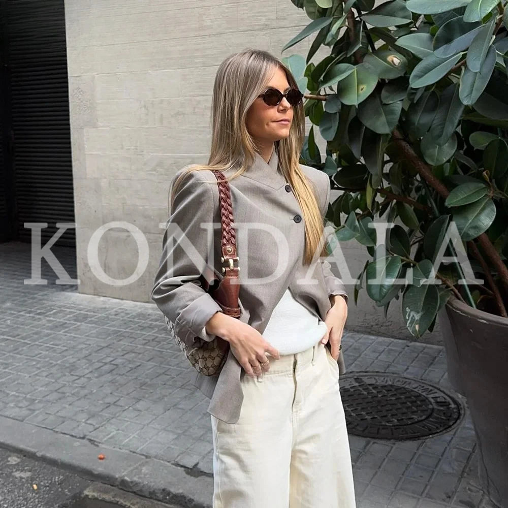 KONDALA 2026 Spring Summer Women Going Out Blazers Fashion Half High Collar Elegant Luxury Casual Ladies Chic Blazers
