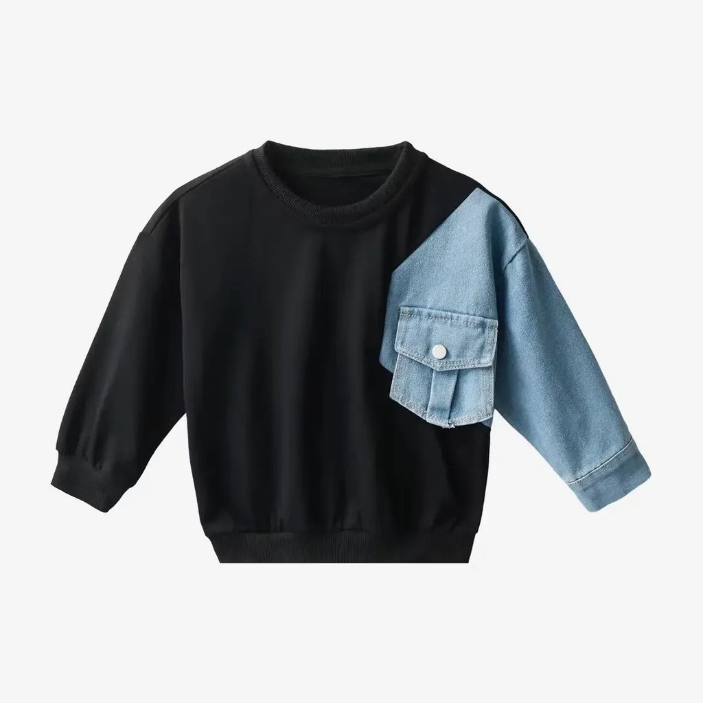 Boys Denim Sweatshirt Kids Stitching Sleeved Loose Sweater Casual Hoodies 2025 Spring Autumn Children's Street Style Clothing