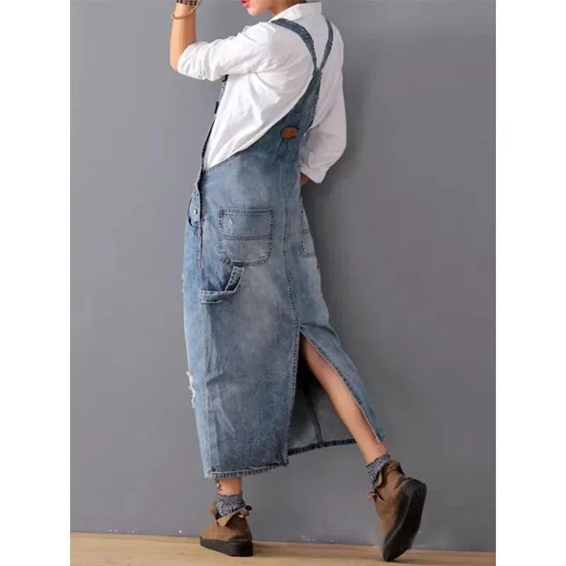 Women Denim Dresses Suspender Sleeveless Strap Straight Long Skirts Romper Loose Jumpsuit Overalls Jeans Dresses 2024 Vestidos