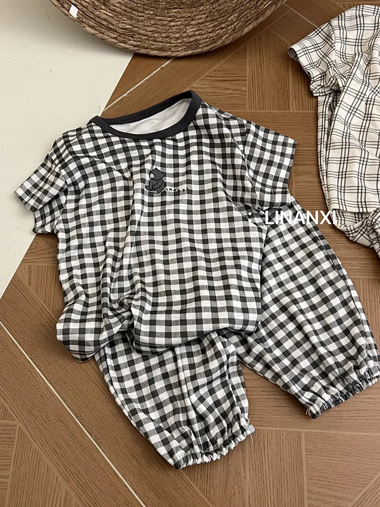 2025 Summer Kids Pajama Sets Home Wear Clothes Children's New Pajamas Knitted Set Cartoon Print Sleepwear Pajama Set
