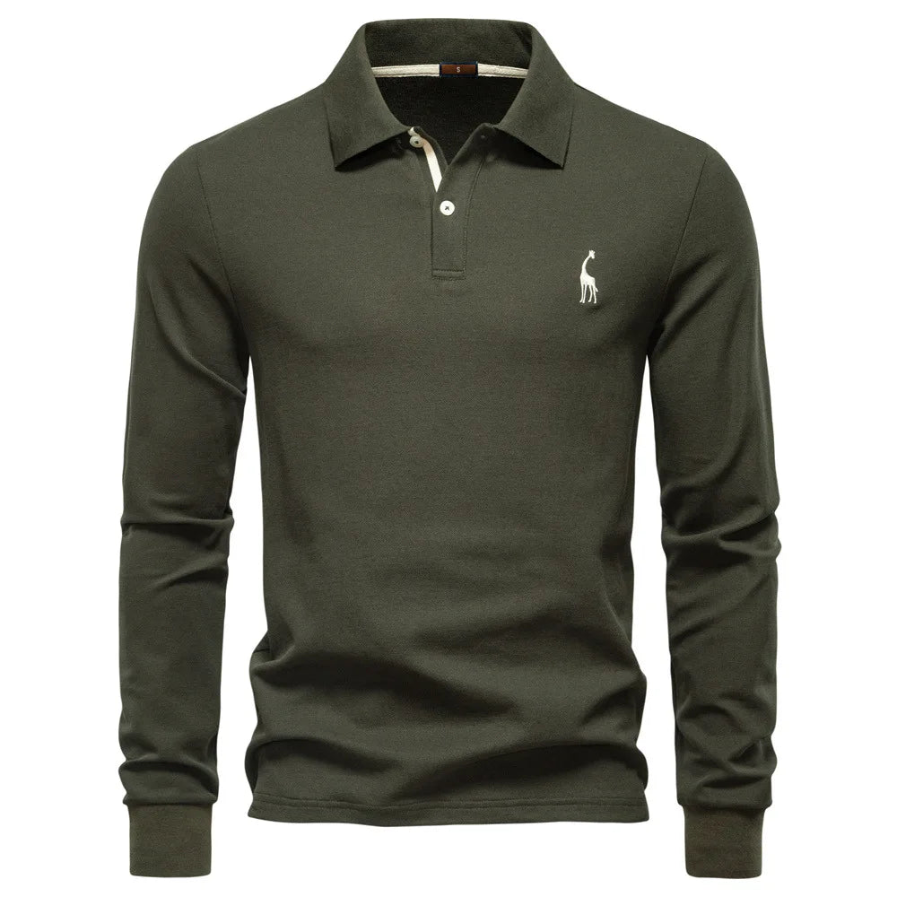 2025 Autumn New Men's Deer Embroidery Cotton Rich Blend Breathable Polo Shirts Long Sleeve Social Business Golf Polo Shirts Male