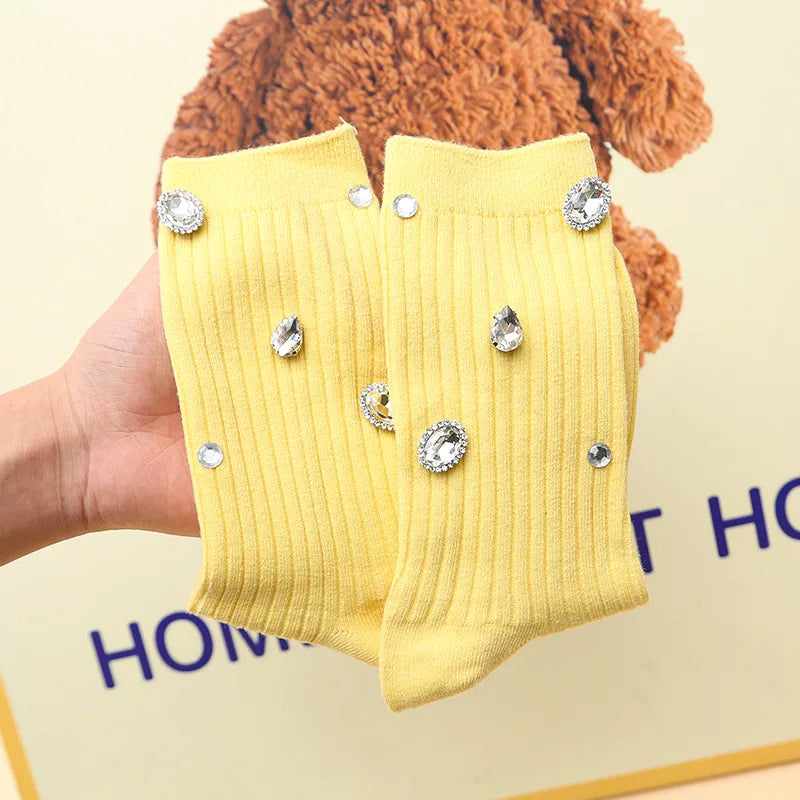 Women's Socks Korean Retro Cool Sweet Rhinestone Simple Versatile Shiny Comfortable High-quality Cotton Socks For Girl Wholesale