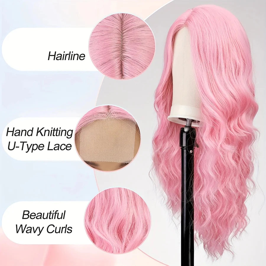 26 Inch Pink Wig for Women Pink Wavy Wig Middle Part Light Pink Wigs Natural Looking Heat Resistant Synthetic Wigs for Daily