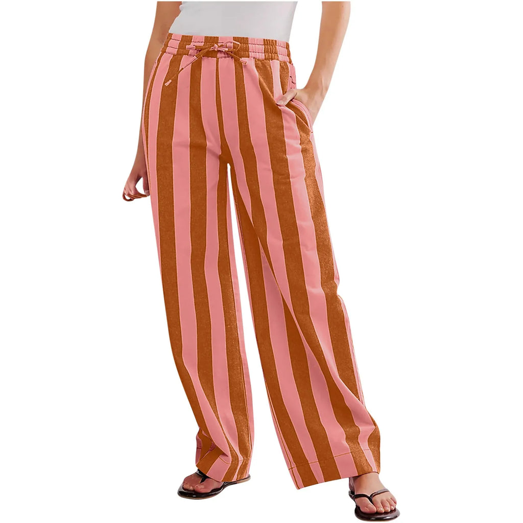 Women Casual Baggy Trousers Striped Color Blocking High Waist Wide Leg Pants Pockets Summer Lightweight Palazzo Pajama Bottom