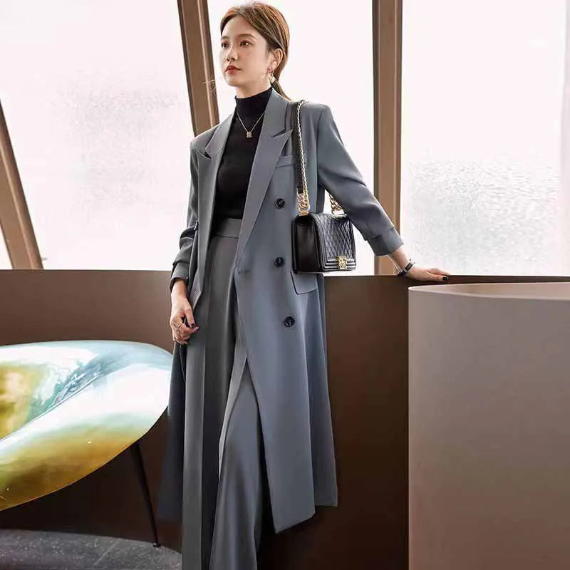 FANAN Elegant Long Trench Coat Women Korean Double Breasted Office Lady Blazer Jacket Fashion Streetwear Long Sleeved Overcoats