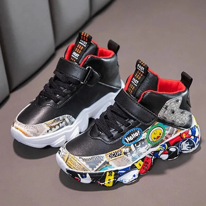 Size 26-37 Children Sports Sneakers for Girls Kid Cartoon Graffiti Pattern Casual Shoes Boys Basketball Shoe Chaussures De Sport