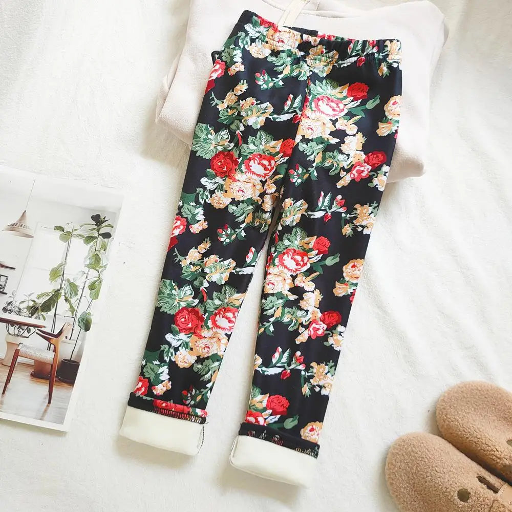 Floral Print Autumn Winter Velvet Warm Kids Pants for Girls Leggings