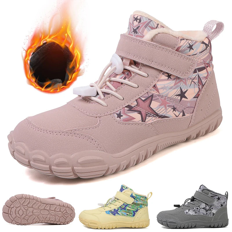 New Waterproof Kids Barefoot Snow Boots Wide Toe Winter Warm Fur Lined Shoes for Boys Girls Cold Weather Outdoor Snea