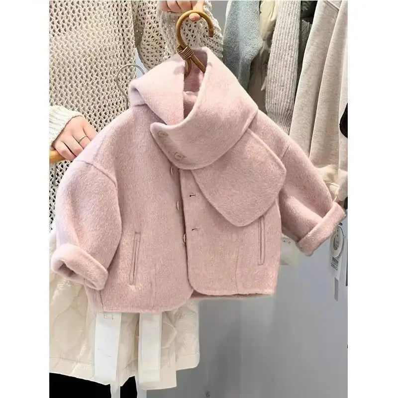 Girls Autumn Winter Coat New Pink Woolen Jacket Kids Thick Warm Outerwear Stylish Baby Clothes Children Clothing