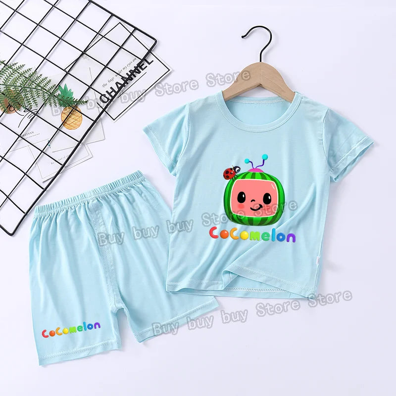 Cocomelons Pajamas Suit Kids Boys Girls Nighty Wears Cool Summer Loungewear Short Sleeve T-shirt Shorts 2pcs Soft Birthday Gift