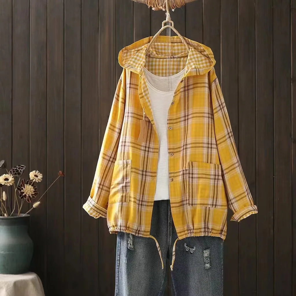 New Summer Long Sleeve Anti-sunburn Coat, Hooded Vintage Plaid Shirt Coat for Women, Elegant Fashion 2024 Autumn Top C47671QM