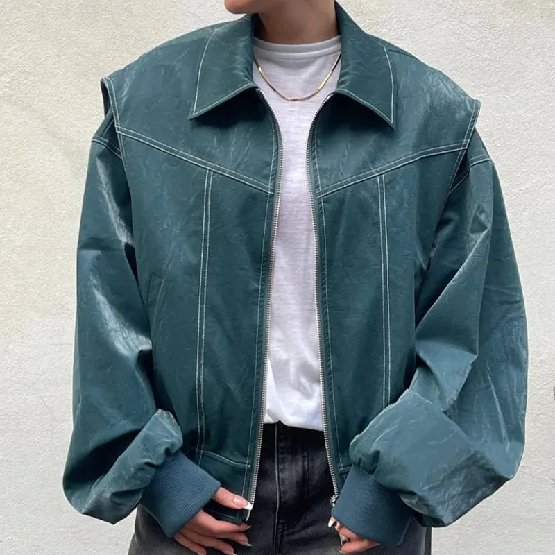 Faux Leather Jacket Women Streetwear Fashion Lapel Long Sleeved Zipper Leather Jacket