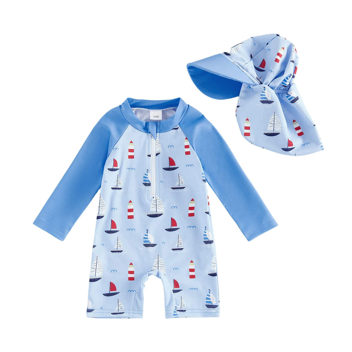0-5Years Toddler Kids Boys Swimsuit Set Sailboat/Shark Print Crew Neck Long Sleeve Upper Zipper Rash Guard Swimwear and Sun Hat