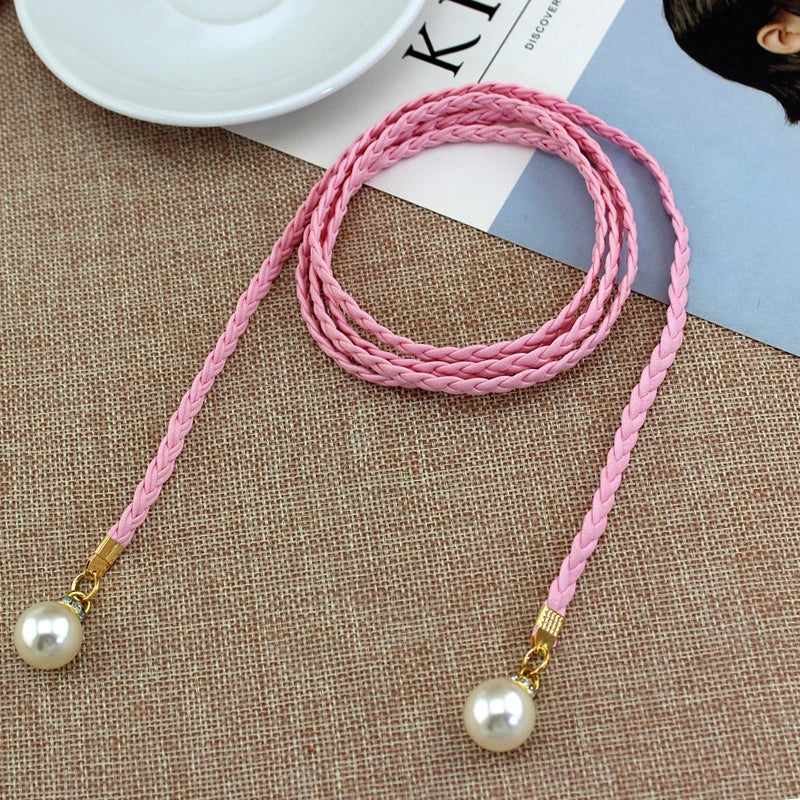 [F] Women Simple PU Leather Belt Boho Tassel Braided Self-Tie Belt Thin Waist Rope Belt