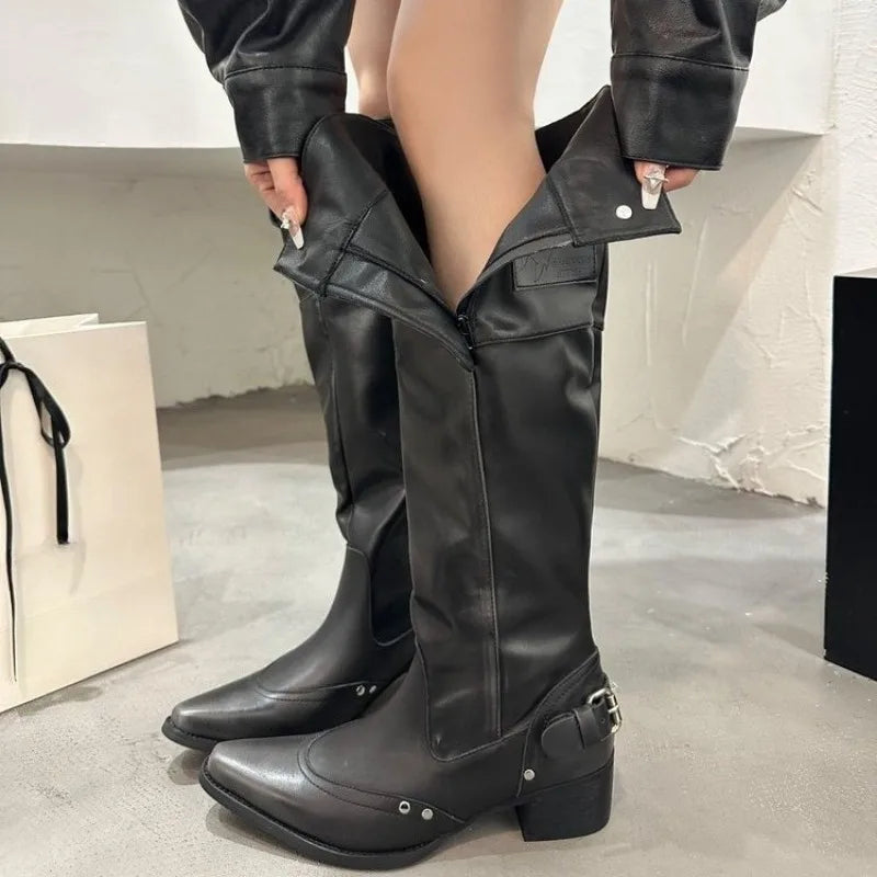Wrapped Single Boots for Women Spring Summer Pointed Toe Studded Metal Buckle Side Zipper No Knee Block Heel Boots