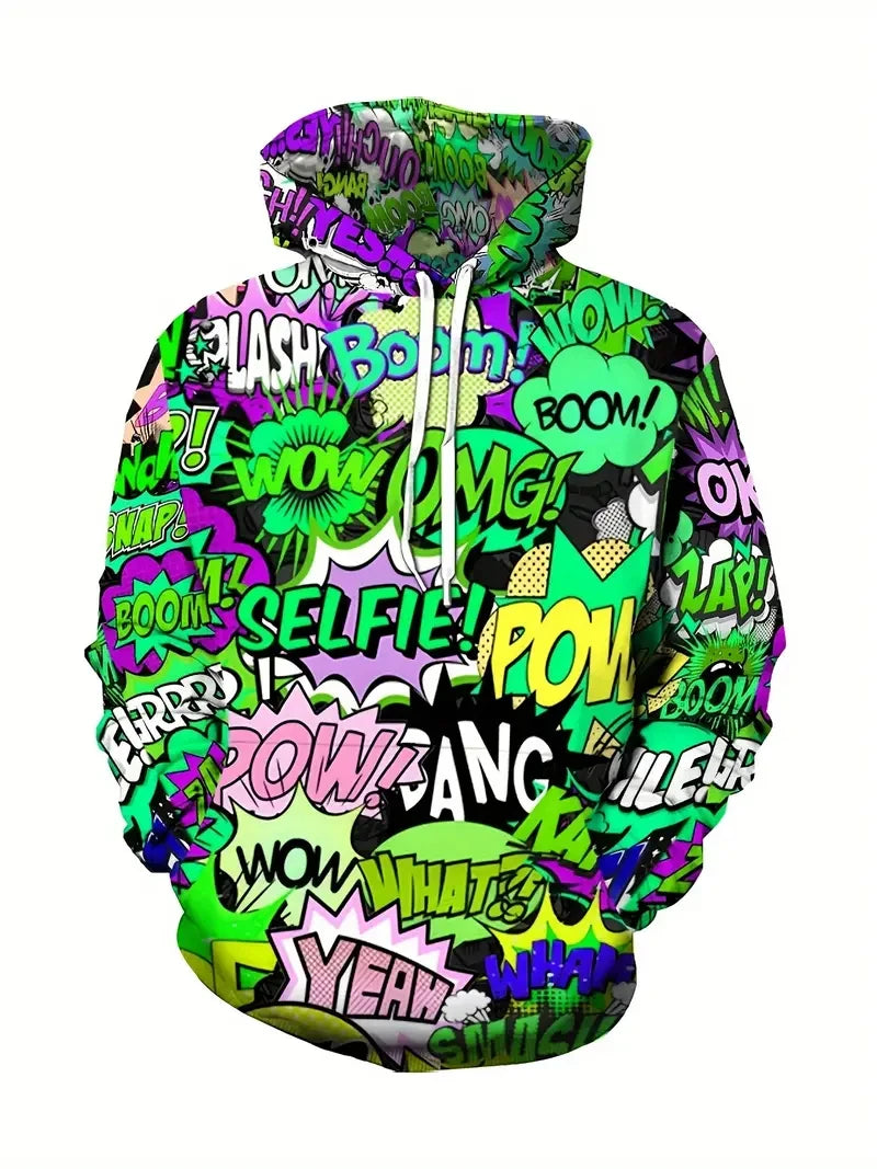 Colorful Cartoon Pattern Hoodies For Men Fun Anime Letter Ooops 3D Printed Sweatshirts Casual Long Sleeves Pullover Unisex Tops