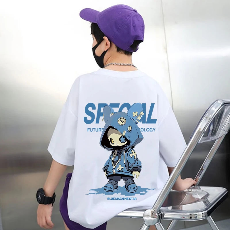 Korean Children's Clothes 2025 Boys Hip Hop Cartoon Graphic T Shirts Girls Short Sleeve Cotton Children Top Baby Summer Clothes