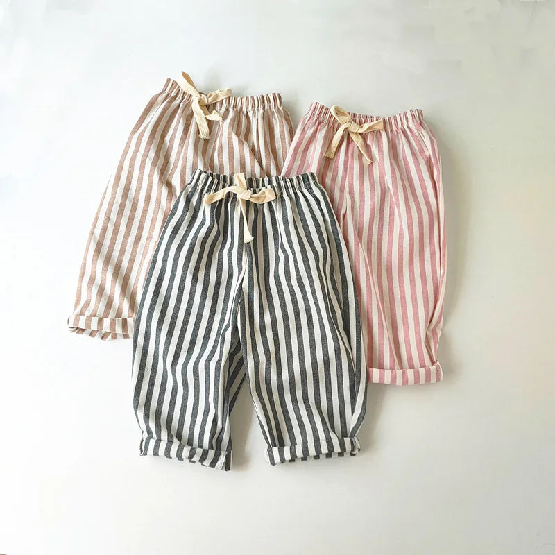 Linen Cotton Stripe Pants for Boys Girls Summer Autumn Casual Loose Kids Children's Trousers