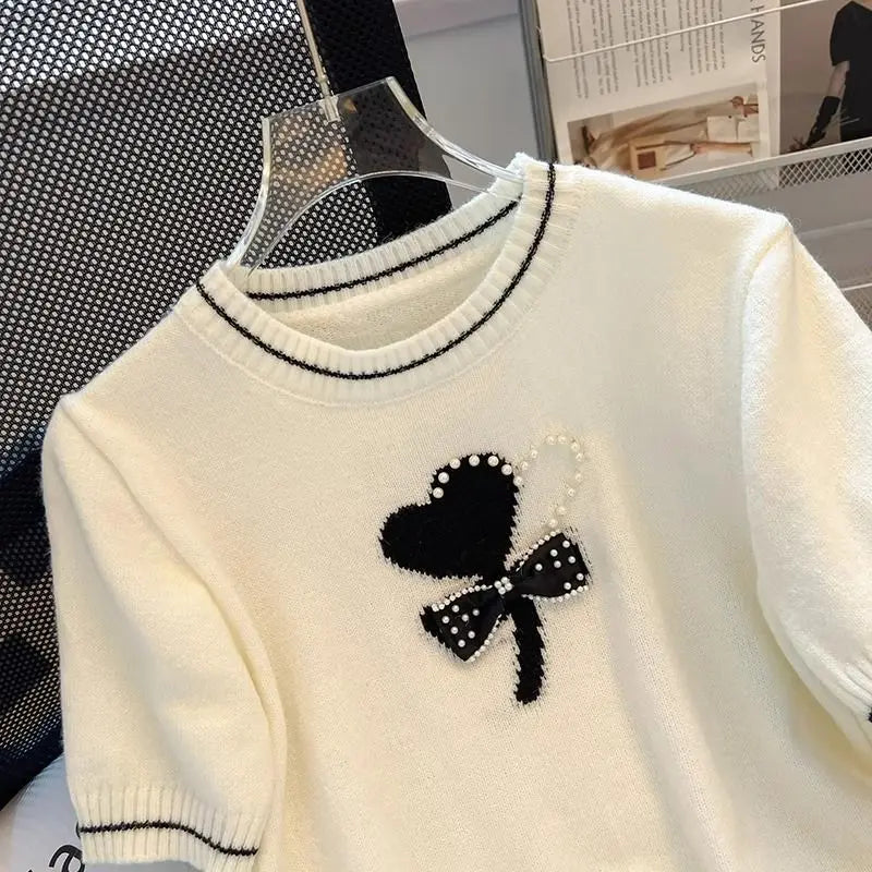Embroidery Heart Beading Bow Pearl Pullover Short-sleeved T-shirt Female Ice Silk Knit Sweater Summer New Thin Tops Design Coat