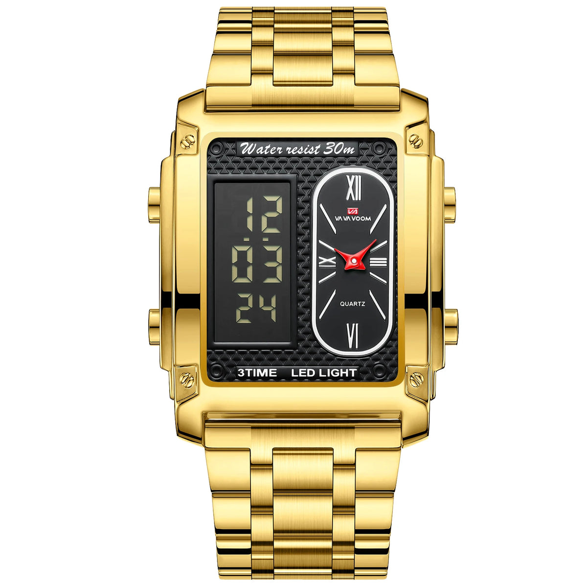 Men Electronic Watch With 50mm Rectangular LED Display Gold Stainless Steel Timing Clock Suitable Business Leisure Watch for Men