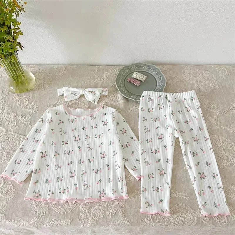 Soft Breathable Kids Newborn Baby Pajamas Set 0-3Y Infant Pink Floral Cotton Home Wear Suit Toddler Girls Sweet Loungewear
