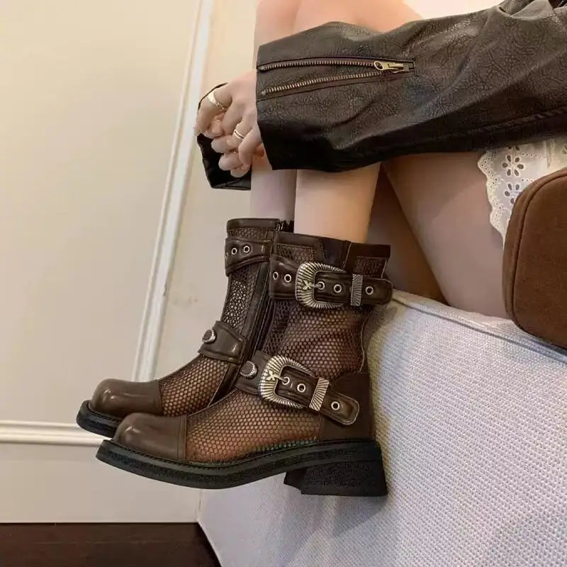Women's Boots 2025 New Summer Cool Boots Breathable Hollow Out Mesh Boot Fashion Square Toe Side Zip Ankle Boots for Women Botas