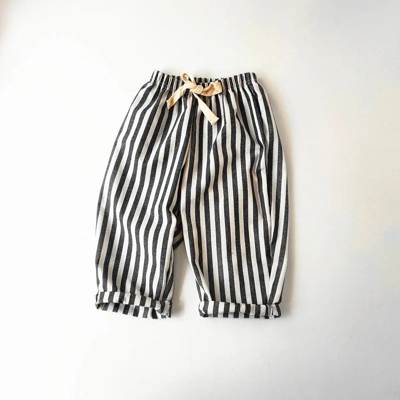 Linen Cotton Stripe Pants for Boys Girls Summer Autumn Casual Loose Kids Children's Trousers