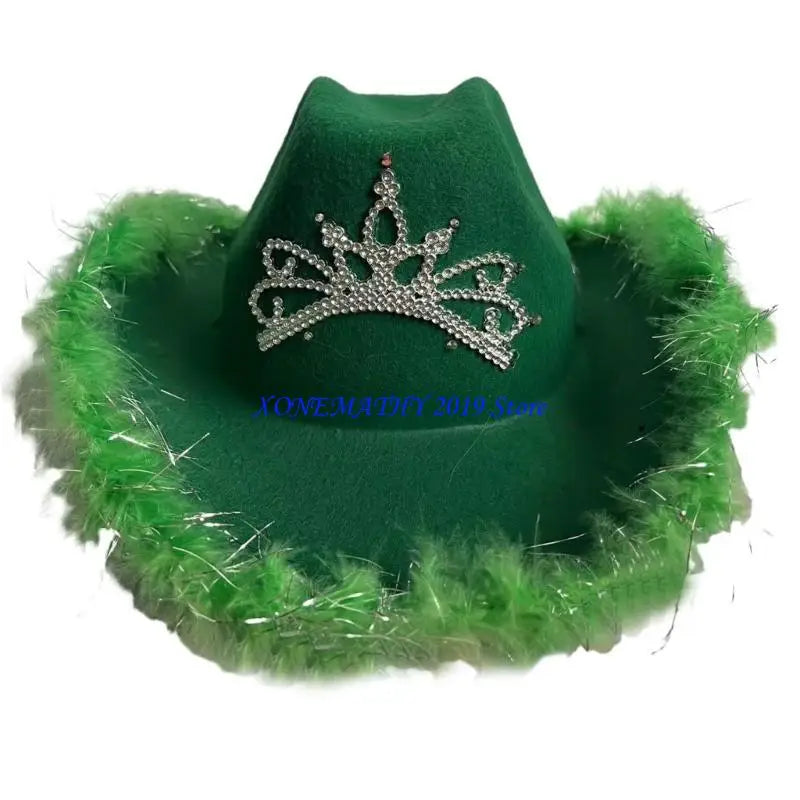 F42F Funny Party Hats Cowgirls Hat Furry Trims Ladies Western Hats for Womens Fedoras Western Cowgirls Hat Vintage