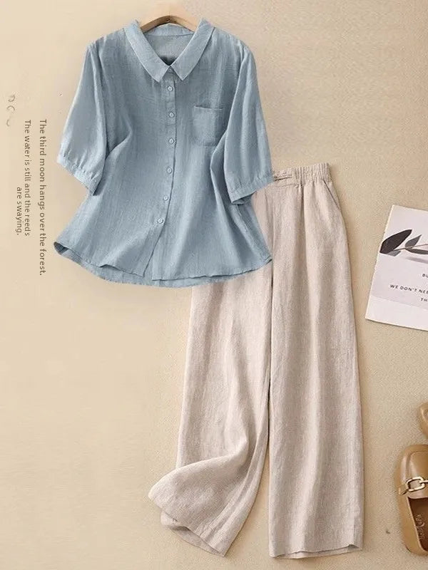 Large Size Summer Cotton Linen Set for Mom Casual Faionable Belly Covering Two Piece Suit ort Sve  Collar Button up