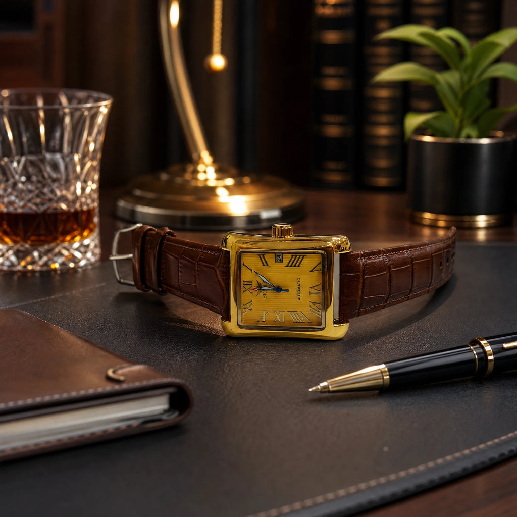 Men Vintage Square Automatic Mechanical Watch,  Business Dress Casual Watch, Gift for Father Husband, Daily Office Party Wear