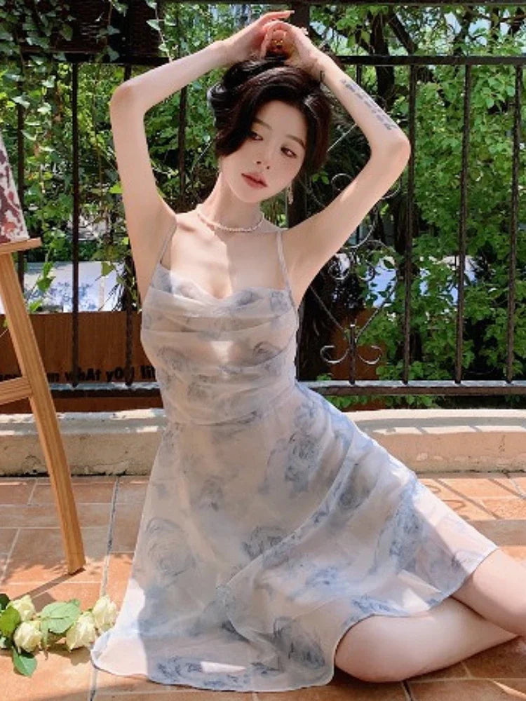 Floral Mini Dress for Women Backless Design Sexy Girls Romantic Sleeveless Vestidos Temper Aesthetic Clothing Vacation Popular