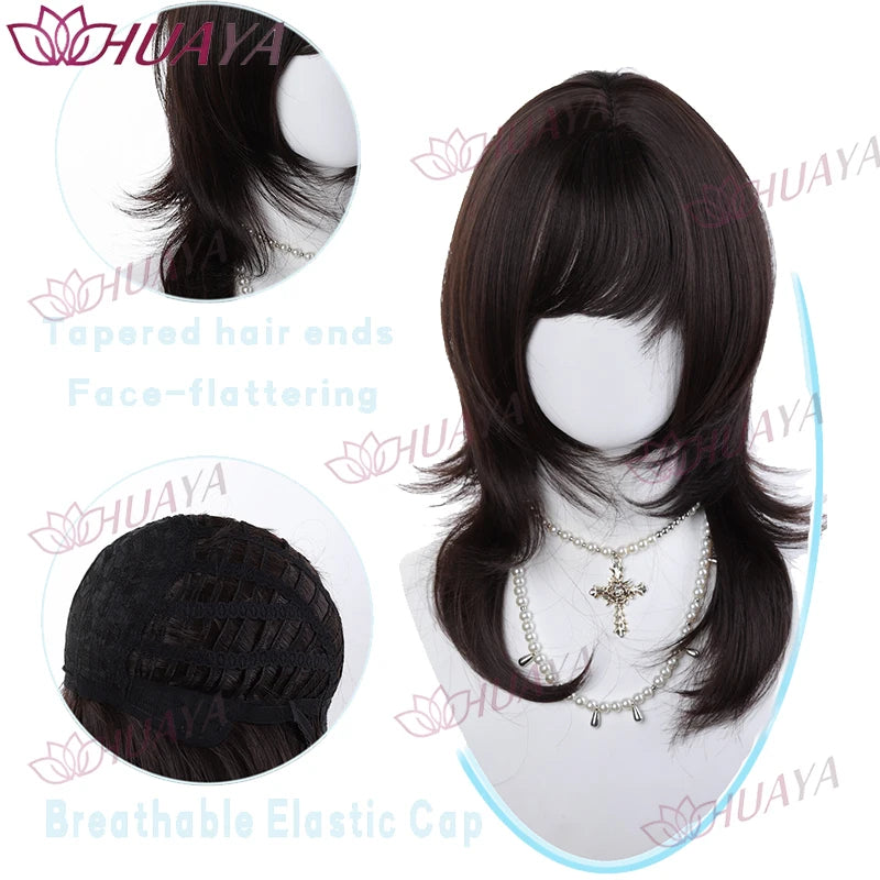 Women Synthetic Hair Wig, Natural Black Wolf Cut with Bangs, 14 Inches High Layered Mullet Hairstyle Wig, Unisex for Men and Wom