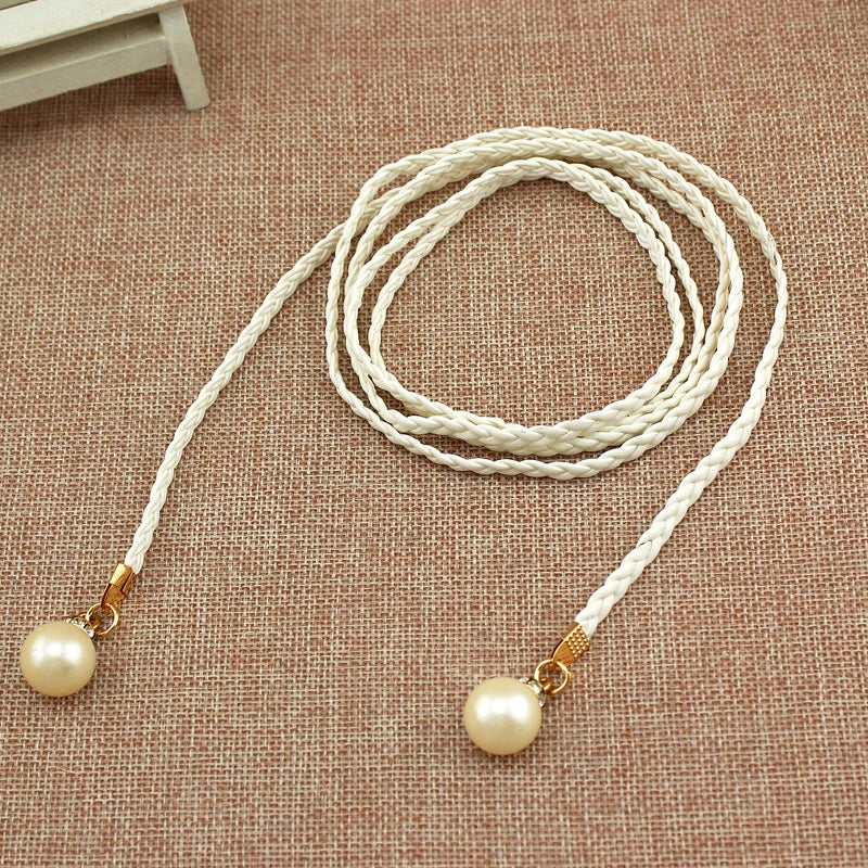 [F] Women Simple PU Leather Belt Boho Tassel Braided Self-Tie Belt Thin Waist Rope Belt