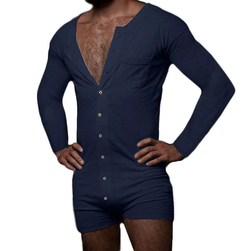 Men Pajamas Rompers Solid Color O Neck Long Sleeve Button Jumpsuits Homewear 2025 Breathable Men Thin
