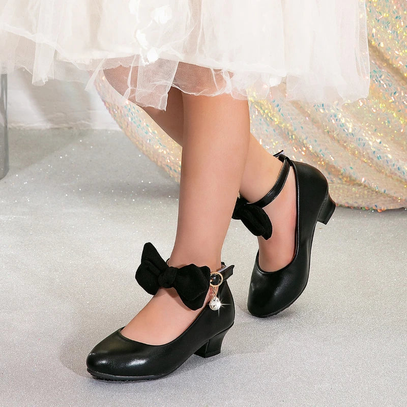 Fashion Girls' Performance Leather Shoes Elegant Bowknot Children Causal High Heel Shoes Kids Party Wedding Shoes for Princess