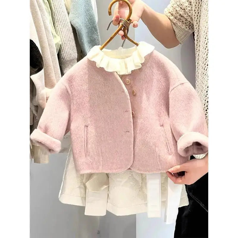 Girls Autumn Winter Coat New Pink Woolen Jacket Kids Thick Warm Outerwear Stylish Baby Clothes Children Clothing