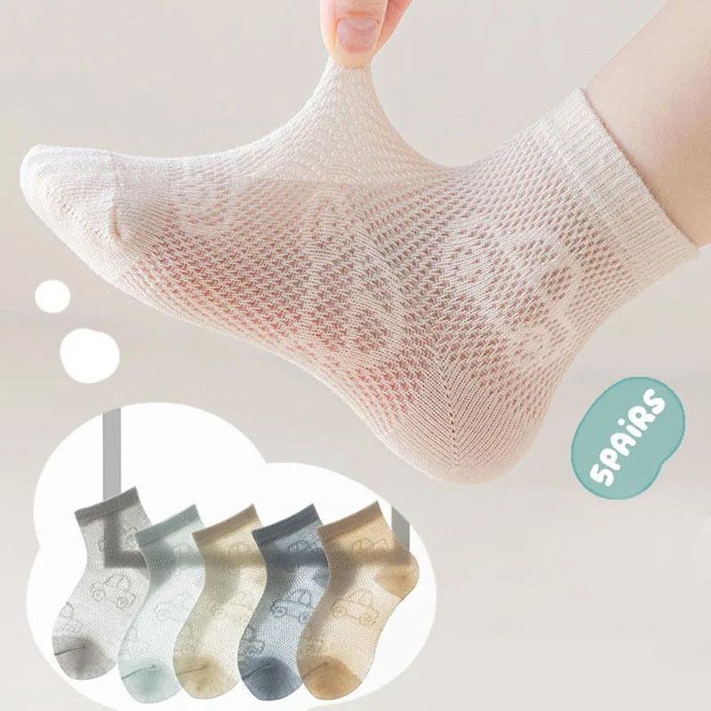5 Pairs/Lot Kids Summer Socks Solid Color Thin Breathable Mesh Cotton Socks Cartoon Car Children Boys Casual Mid Tube Sock
