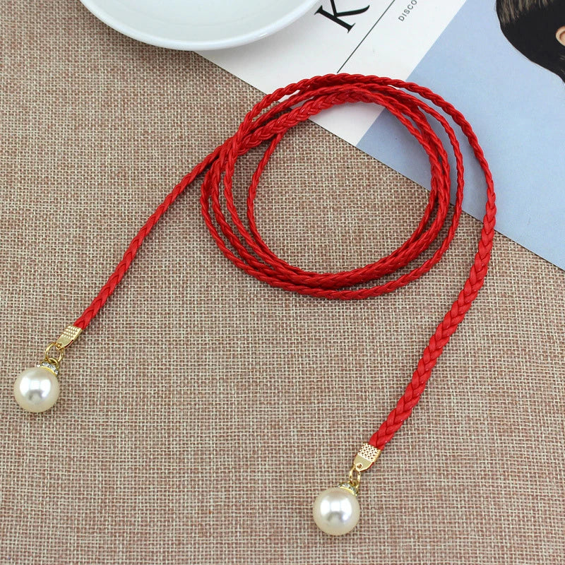 [F] Women Simple PU Leather Belt Boho Tassel Braided Self-Tie Belt Thin Waist Rope Belt