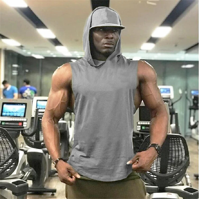 Plain Men's Gym Tank TopSinglets Bodybuilding Stringer Muscle Vest Hoodies Fitness Sleeveless Hooded T Shirt Cut Off Sports