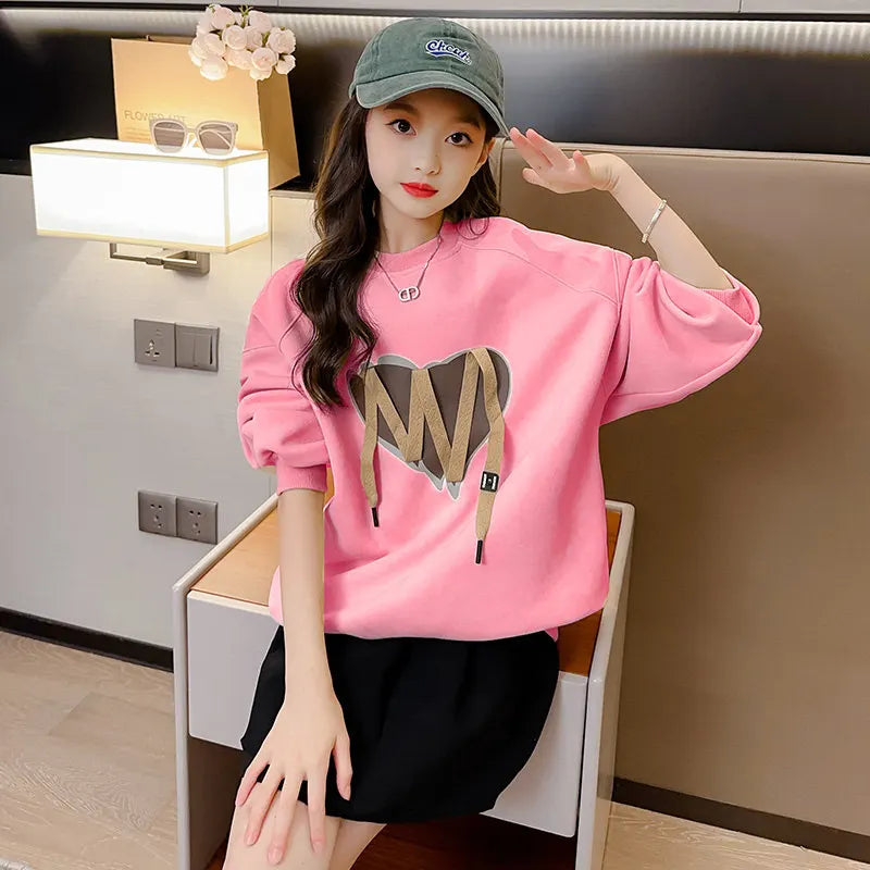 Sweatshirt for Kids Autumn 2025 New Casual Sportswear School Girls Khaki Pink Sweatshirt 5 7 8 9 12 13 14 Years Children Clothes