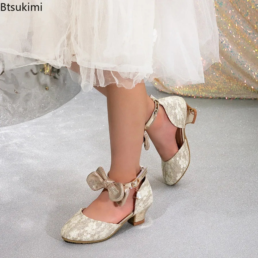 Children Girls High Heel Shoes Kids Sandals Lolita Mary Janes Shoes Sweet Bowknot Princess Party Dress Wedding Shoes Size 28-40