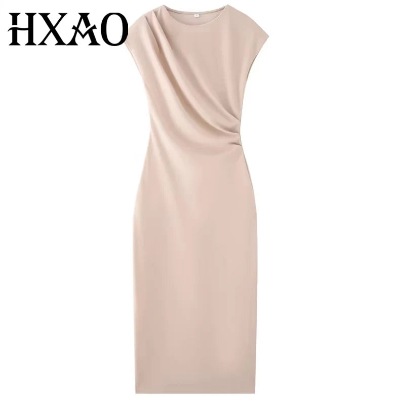 HXAO Ruffled Elegant Party Dresses 2025 Sleeveless Solid Midi Dresses Woman Summer Ruched Evening Dress Fitted Long Dress 088