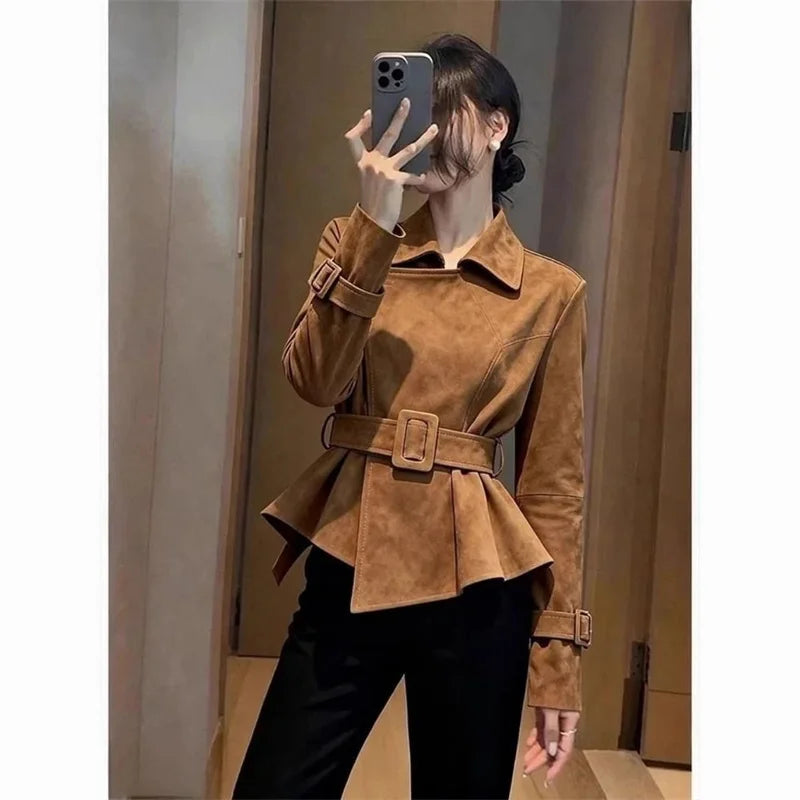 Women Leather Jacket 2026 Spring Short Unique Super Beautiful Retro High-End Feeling Brown Suede Coat Outerwear Match Belt