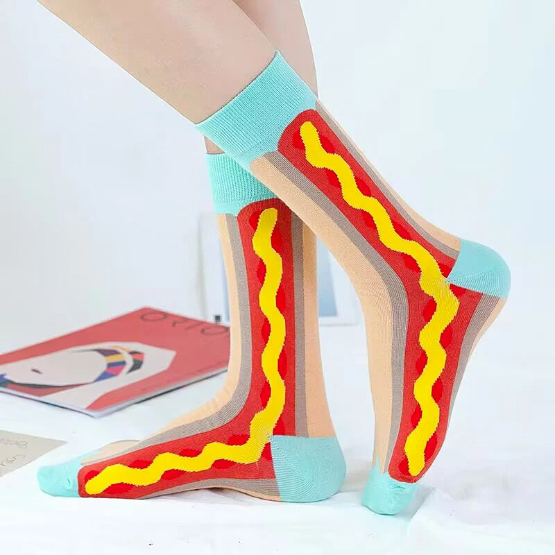 Funny Socks Men Women Casual Cartoon Beer Hamburger Egg Sausage Ice Cream Avocado Heart Sokken Unisex Novelty Skateboard Meias