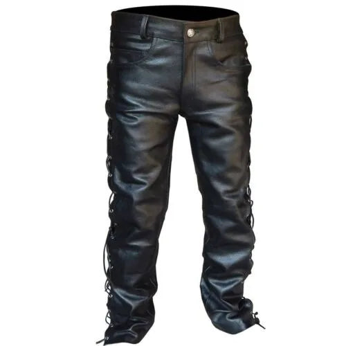Men's Black PU Leather Side Laces Up Punk Style Long Pant Motorcycle Leather Trousers Leather Motorcycle Four Seasons Pants Male