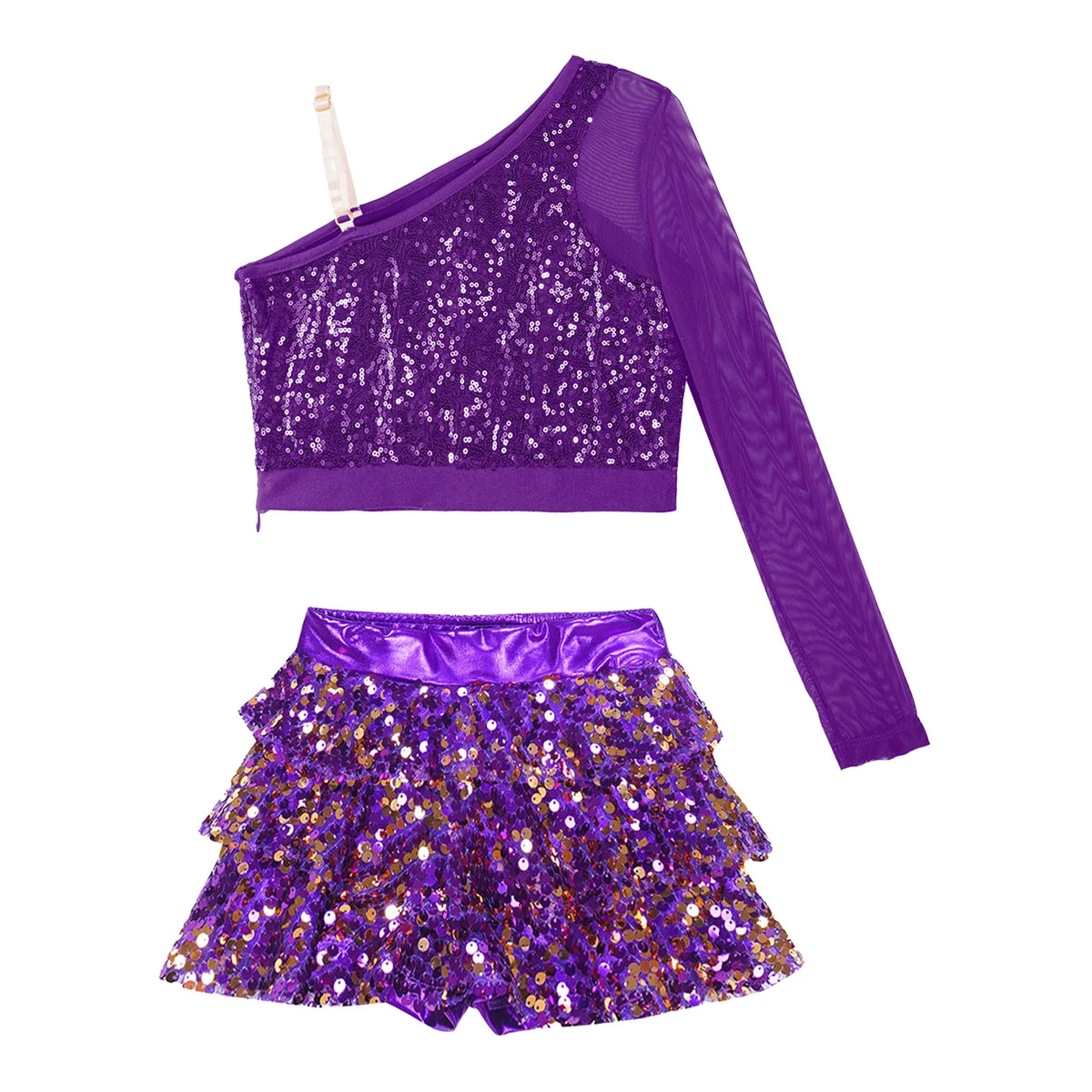 Kids Girls Dance Dresses Latin Jazz Modern Dance Show Costume Sequin Long Sleeve Crop Tops and Skirted Culottes Cheer Dancewear