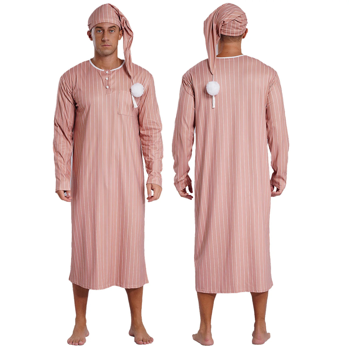 Mens Arabian Muslim Pajamas Adjustable Sleep Hat Robe with Hat Long Sleeve Long Robe And Pompom Cosplay Outfits Sissy Nightwear