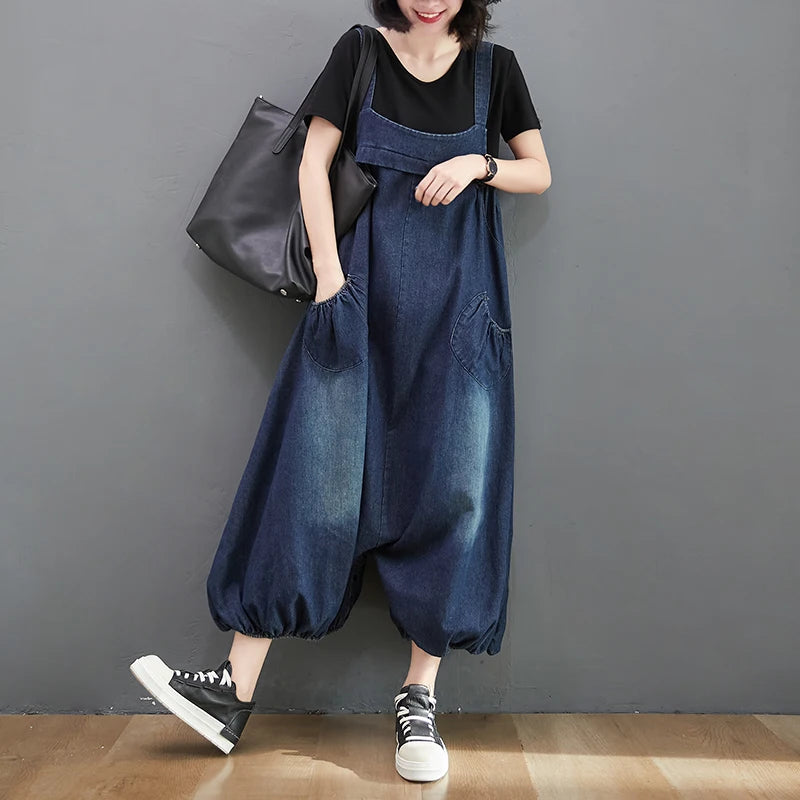 Loose Fit Denim Overalls Women's Summer 2026 Faion plus Size Lantern Leg One-Piece Pants High Waist Long Trousers