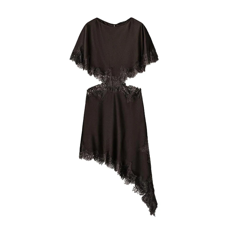 Elegant Satin Spliced Lace Long Dress Women Hollow Out O-neck Short Sleeve Asymmetric Dresses 2026 Spring Lady Chic Party Robes
