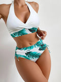 New 2025 Women Tropical Patchwork Swimsuit Halter Bandage Backelss Swimwear Female Push Up Thong High Waist Bikini Set Tankinis